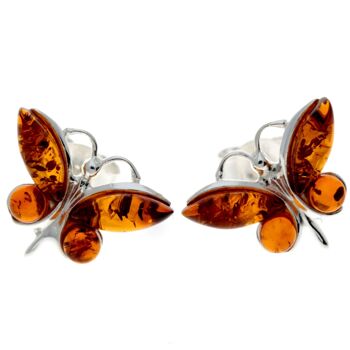 Boucles d'oreilles clous papillon en argent sterling 925 et ambre de la Baltique - 8494 5