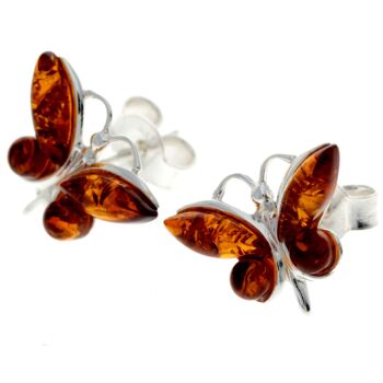 Boucles d'oreilles clous papillon en argent sterling 925 et ambre de la Baltique - 8494 6