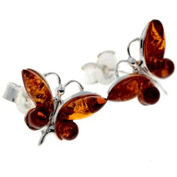 Boucles d'oreilles clous papillon en argent sterling 925 et ambre de la Baltique - 8494 8