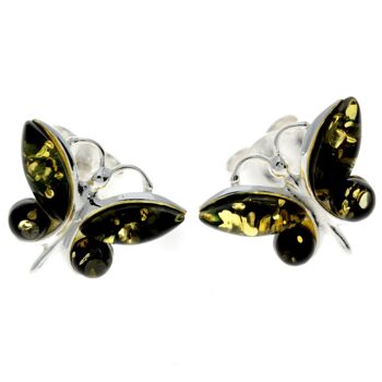 Boucles d'oreilles clous papillon en argent sterling 925 et ambre de la Baltique - 8494 9