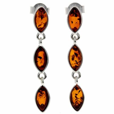 Boucles d'oreilles pendantes 3 pierres en argent sterling 925 et ambre de la Baltique - 8162
