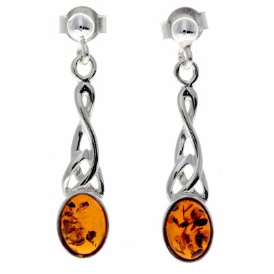 Boucles d'oreilles pendantes celtiques en argent sterling 925 et ambre de la Baltique - 8007