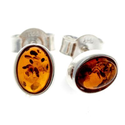 Boucles d'oreilles ovales simples en argent sterling 925 et ambre de la Baltique - 8238