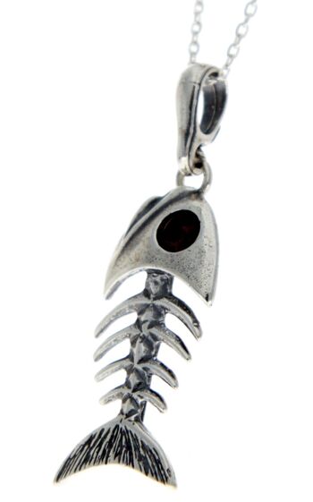 Pendentif arêtes de poisson squelette en argent sterling 925 et ambre de la Baltique - 1983 2