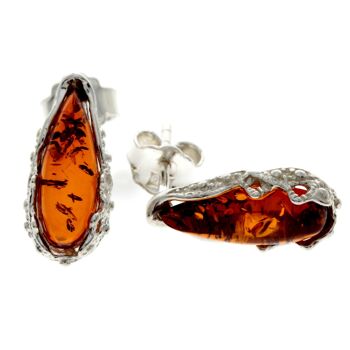 Boucles d'oreilles modernes en forme de larme en argent sterling 925 et ambre de la Baltique - G027 14