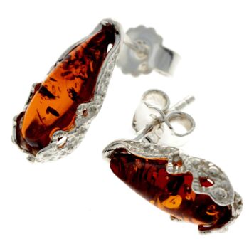 Boucles d'oreilles modernes en forme de larme en argent sterling 925 et ambre de la Baltique - G027 2