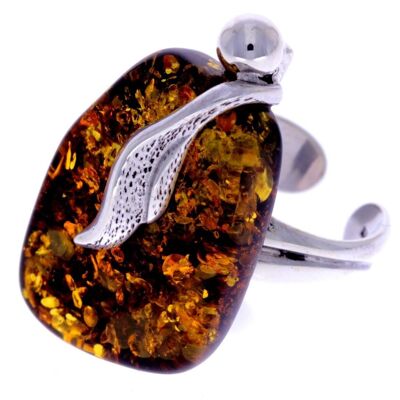 925 Sterling Silver & Genuine Green Baltic Amber Unique Ring - RG0608