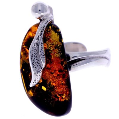 925 Sterling Silver & Genuine Green Baltic Amber Unique Ring - RG0607