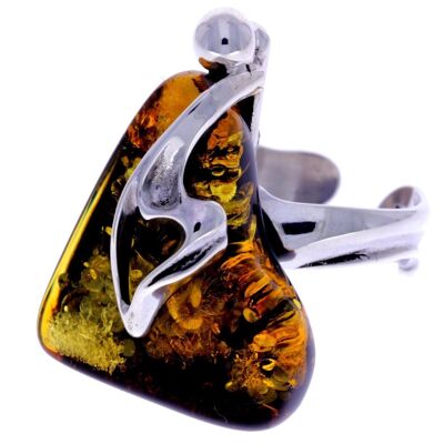 925 Sterling Silver & Genuine Green Baltic Amber Unique Ring - RG0600