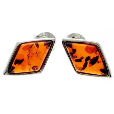 Boucles d'oreilles en argent sterling 925 et ambre de la Baltique en forme de diamant - GL037