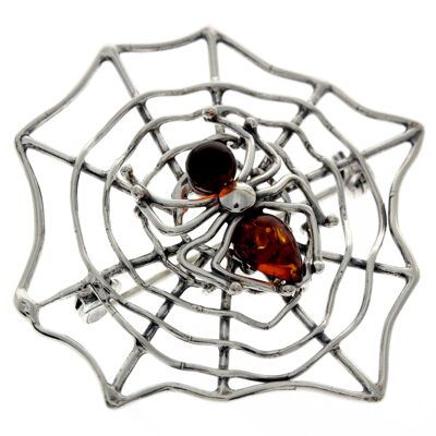 Spilla con ragno sul web in argento sterling 925 e ambra baltica - 4039
