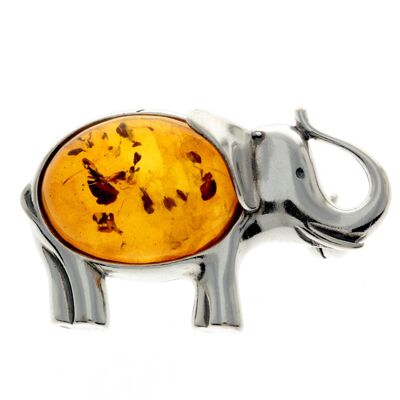925 Sterling Silver & Baltic Amber Elephant Brooch - 4010