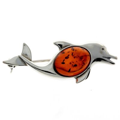 Spilla delfino in argento sterling 925 e ambra baltica - 4009