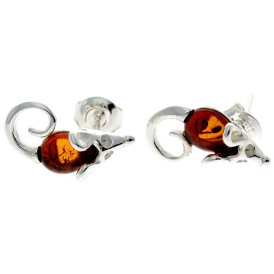 Boucles d'oreilles petite souris en argent sterling 925 et ambre de la Baltique - GL188