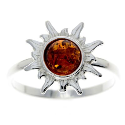 925 Sterling Silver & Baltic Amber Sun / Star Ring - M730 - Cognac