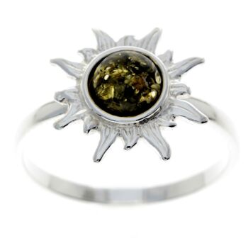 Bague Soleil / Étoile en Argent 925 & Ambre de la Baltique - M730 - Vert 5