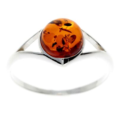 925 Sterling Silver & Baltic Amber Classic Round Stone Ring - M731 - Cognac
