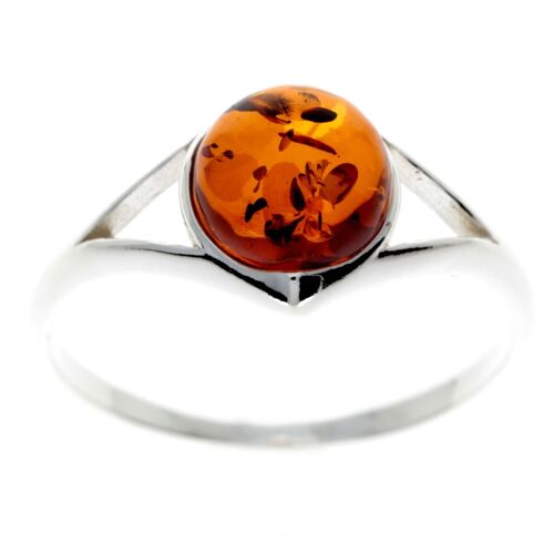 925 Sterling Silver & Baltic Amber Classic Round Stone Ring - M731 - Green