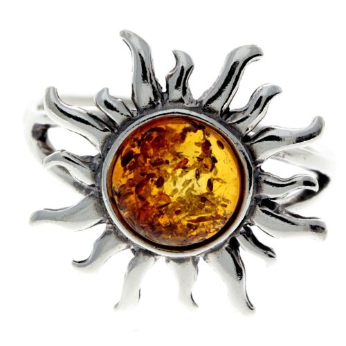 925 Sterling Silver & Genuine Baltic Amber Sun Ring - 7374