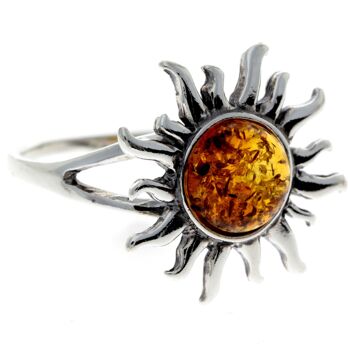 Bague soleil en argent sterling 925 et véritable ambre de la Baltique - 7374 6