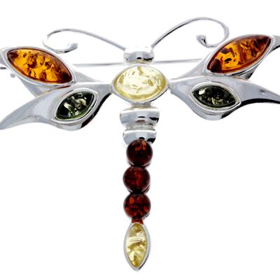 Broche papillon libellule en argent sterling 925 et véritable ambre de la Baltique - M817