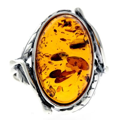 925 Sterling Silver & Baltic Amber Large Classic Art Nouveau Ring - GL719