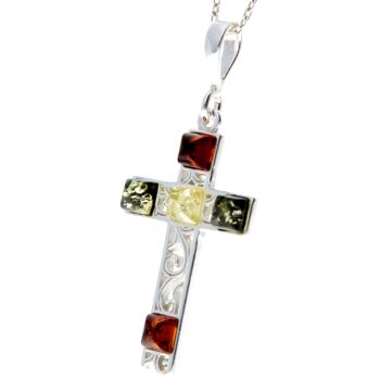 Pendentif croix en argent sterling 925 et ambre de la Baltique - M2000 2