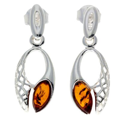 Boucles d'oreilles pendantes celtiques en argent sterling 925 et ambre de la Baltique - GL179