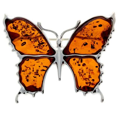 Grande broche papillon exclusive en argent sterling 925 et ambre de la Baltique - AD800