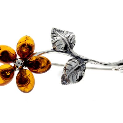 Broche fleur en argent sterling 925 et ambre de la Baltique - 4015
