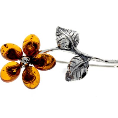 Broche fleur en argent sterling 925 et ambre de la Baltique - 4015