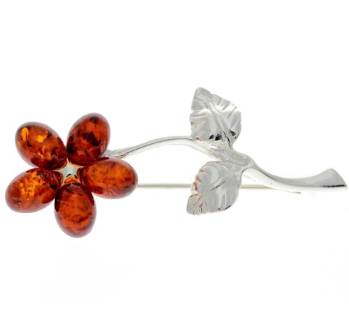 925 Sterling Silver & Baltic Amber Flower Brooch - AA801