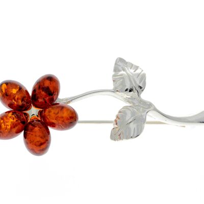 Broche fleur en argent sterling 925 et ambre de la Baltique - AA801