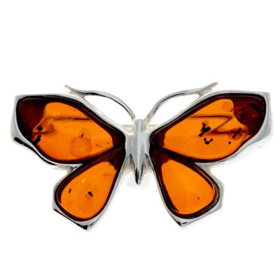 Broche gravée papillon en argent sterling 925 et ambre de la Baltique - AC800