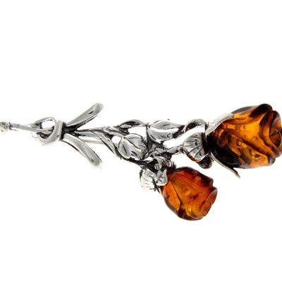 925 Sterling Silver & Baltic Amber 2 Roses Brooch - BR2