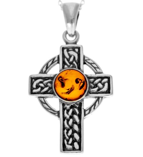 925 Sterling Silver & Baltic Amber Celtic Cross Pendant - 1640