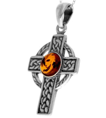 Pendentif croix celtique en argent sterling 925 et ambre de la Baltique - 1640 2