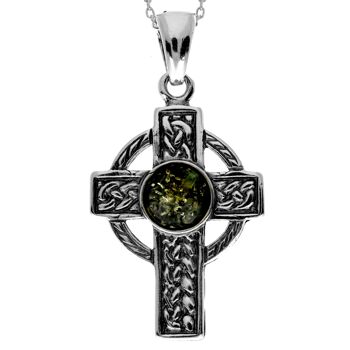 Pendentif croix celtique en argent sterling 925 et ambre de la Baltique - 1640 5