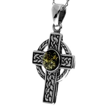 Pendentif croix celtique en argent sterling 925 et ambre de la Baltique - 1640 6