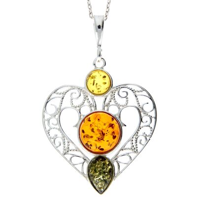 925 Sterling Silver & Baltic Amber Large Heart Pendant - M2005