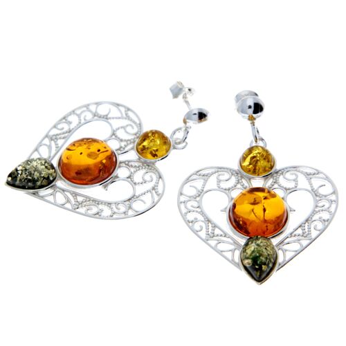 925 Sterling Silver & Baltic Amber Large Drop Hearts Earrings - M643