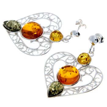 Boucles d'oreilles en argent sterling 925 et gros cœurs en ambre de la Baltique - M643 2