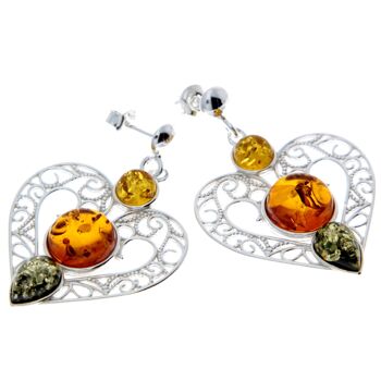 Boucles d'oreilles en argent sterling 925 et gros cœurs en ambre de la Baltique - M643 4