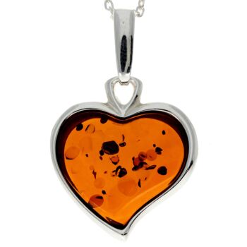 Pendentif gravé coeur classique en argent sterling 925 et ambre de la Baltique - AD200 1