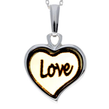 Pendentif gravé coeur classique en argent sterling 925 et ambre de la Baltique - AD200 17