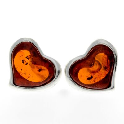 Orecchini a bottone a forma di cuore con incisione a cuore classico in argento sterling 925 e ambra baltica - AC004