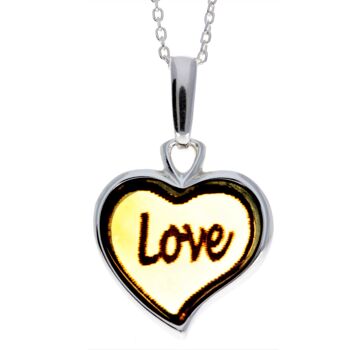 Pendentif coeur classique gravé en argent sterling 925 et ambre de la Baltique - AC203 13