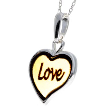 Pendentif coeur classique gravé en argent sterling 925 et ambre de la Baltique - AC203 14