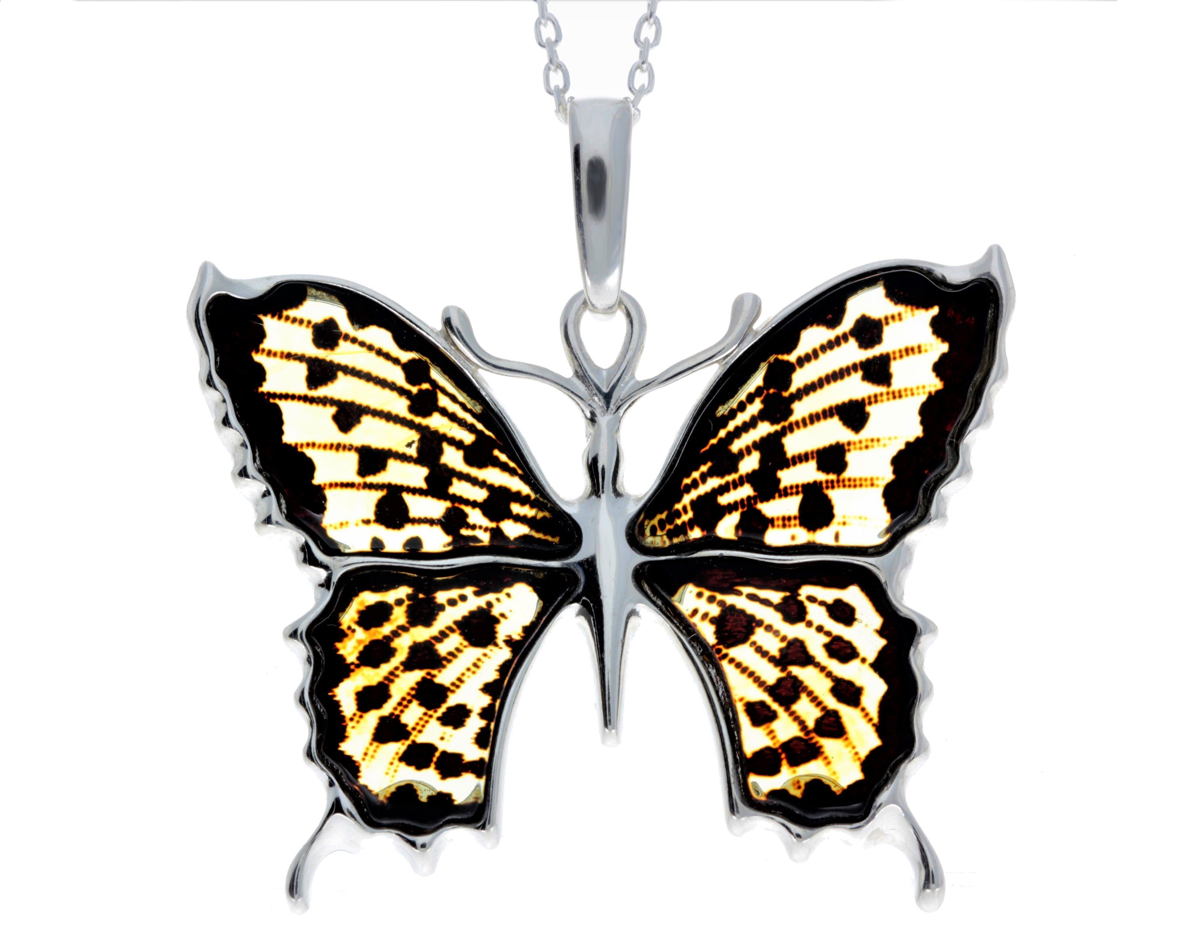 925 Sterling Silver & Baltic Amber Exclusive Engraved Butterfly Pendant - AF201