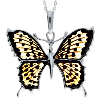 Colgante exclusivo de mariposa grabada de plata de ley 925 y ámbar báltico - AF201